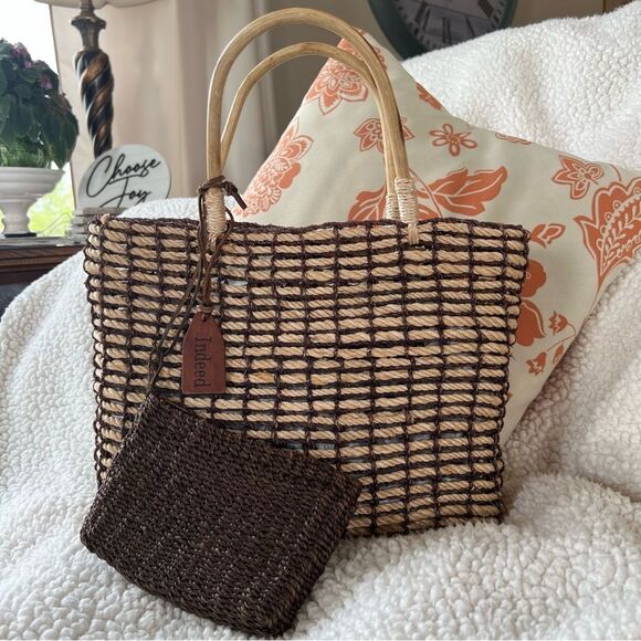 Indeed Straw Rope Bamboo Brown Mushroom Tan Beach Bag Purse Extra Mini Bag - Picture 3 of 14